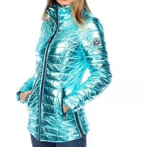White Mark Metallic Mint Blue Puffer Jacket Large Black Accents Quilted Winter